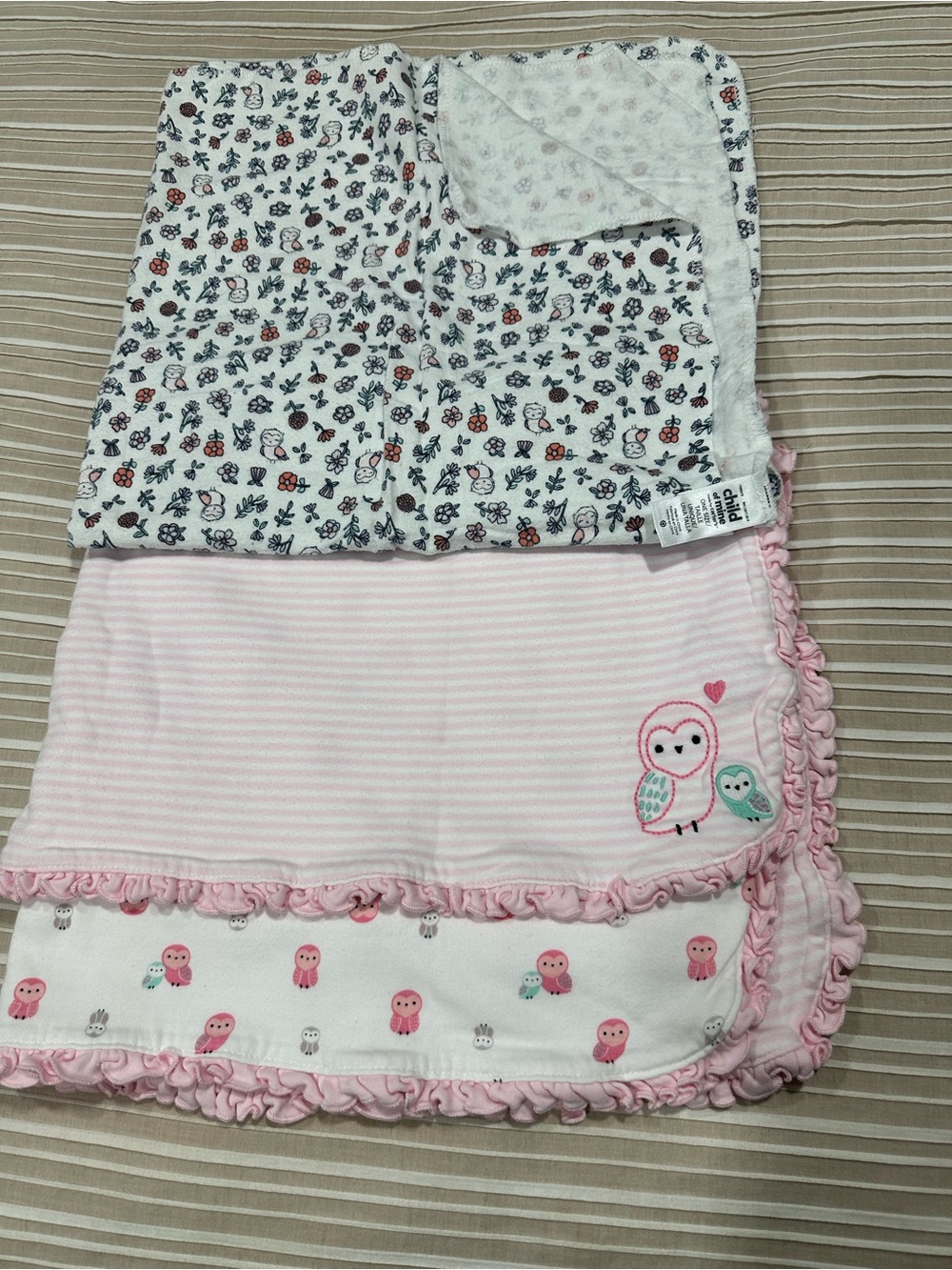 Carter's JUST ONE YOU Reversible Baby Blanket Lovey Pink Owls Stripes Ruffle EUC